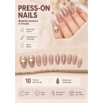 Grey‑Nude Medium‑Long Almond Press‑On Nails, Luxury Yellow Square Rhinestone Pearl Metal Decor Elegant False Nails